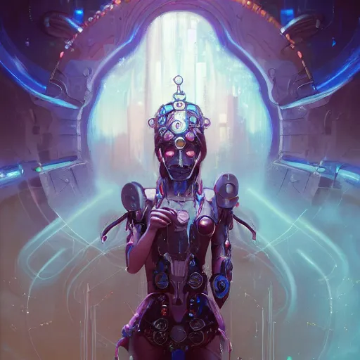 Image similar to portrait of a beautiful cybernetic priestess, cyberpunk concept art by pete mohrbacher and seb mckinnon and beksinski and josan gonzales, digital art, highly detailed, intricate, sci-fi, sharp focus, Trending on Artstation HQ, deviantart, unreal engine 5, 4K UHD image