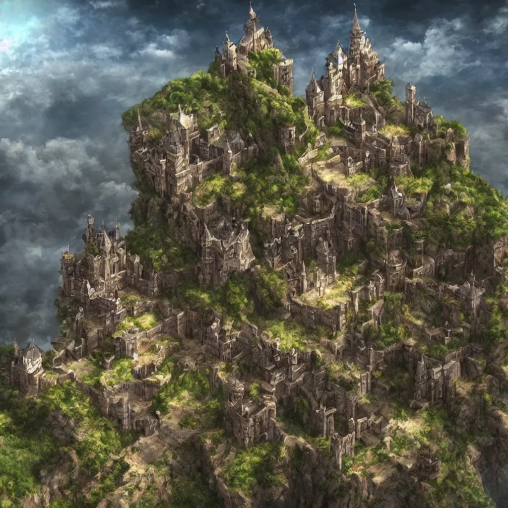 Image similar to epic image of a castle above the sky, anime, 3 d rendering