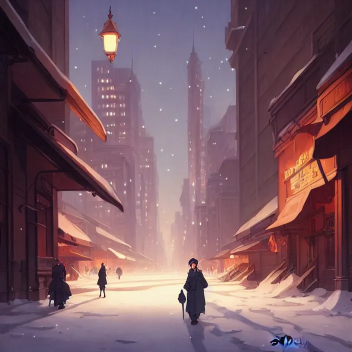 Image similar to empty big city at night, winter, in the style of studio ghibli, j. c. leyendecker, greg rutkowski, artem