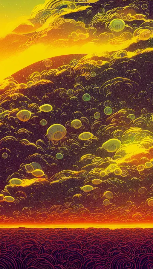 Image similar to a lot of little luminous jellyfishes floating on cosmic cloudscape at sunset, futurism, dan mumford, victo ngai, kilian eng, da vinci, josan gonzalez