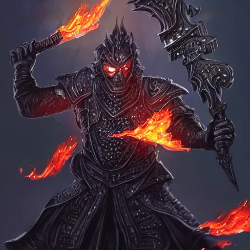 Image similar to a man in black-crystal armor surrounded by flames wielding a battle-axe made of black crystals. ,D&D, fantasy, elegant, hopeful, muscular, highly detailed, digital painting, artstation, concept art, smooth, sharp focus, illustration