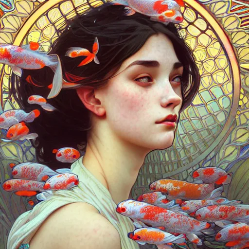 Image similar to Portrait of a girl surrounded by Koi fish, face, fantasy, intricate, elegant, highly detailed, digital painting, artstation, concept art, smooth, sharp focus, illustration, art by Pauline Voß and Artem Demura and alphonse mucha