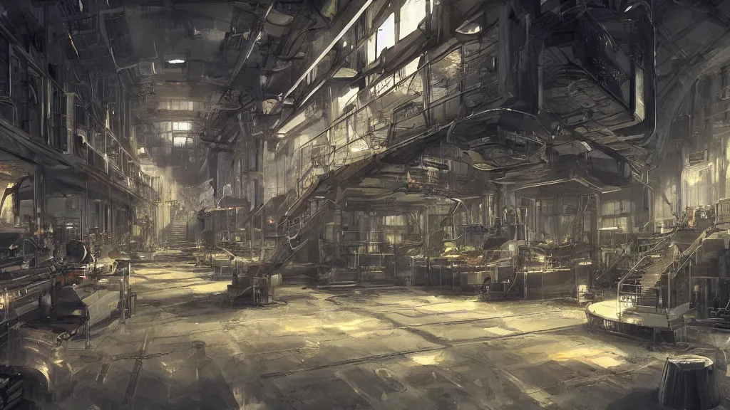 Prompt: The inside of a factory where ambrosia is being mass produced, dim fluorescent lighting, cinematic concept art, award-winning art, artstation, cold metallic atmosphere