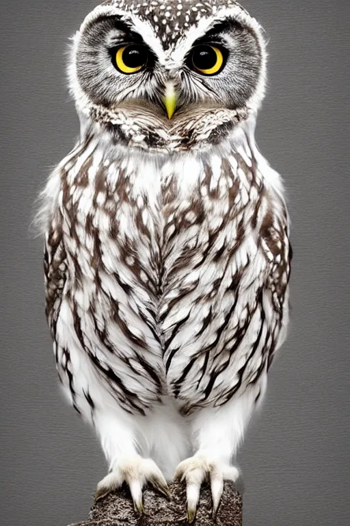 Prompt: cute little owl wearing black biker jacket, portrait photo, backlit, studio photo, muted color swirls background, owl wearing jacket