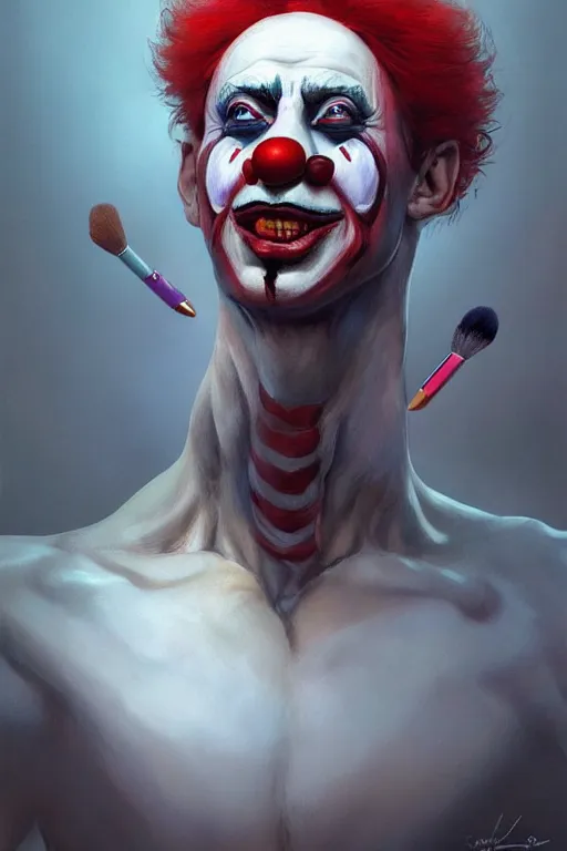 Image similar to Putin wearing Clown Makeup, anatomy, only two hands, highly detailed, digital painting, artstation, concept art, smooth, sharp focus, illustration, Unreal Engine 5, 8K, art by art by artgerm and greg rutkowski and edgar maxence