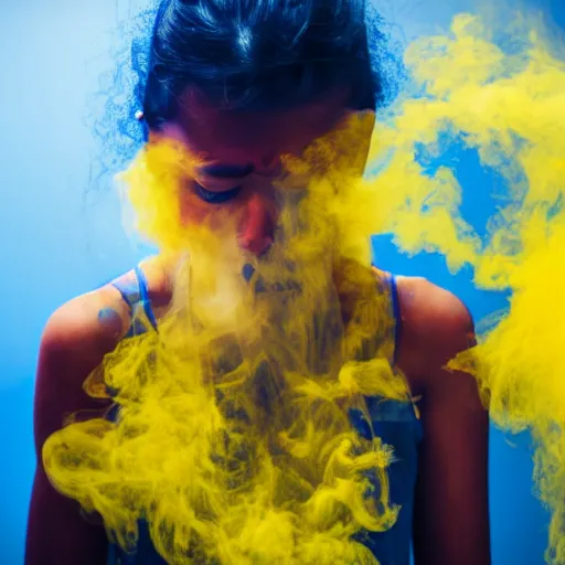 Image similar to crying girl covered by yellow and blue smoke