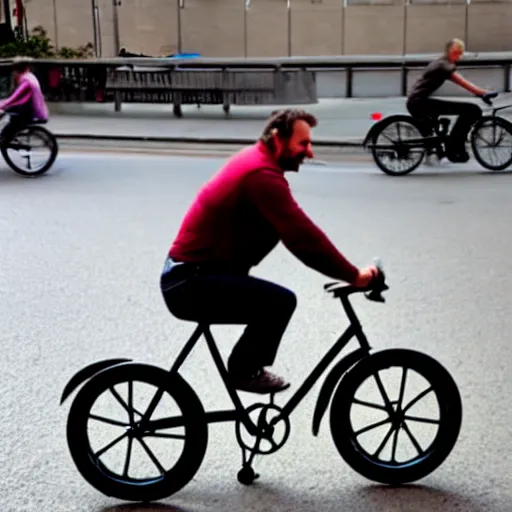 Prompt: Man riding a comically tiny bicycle