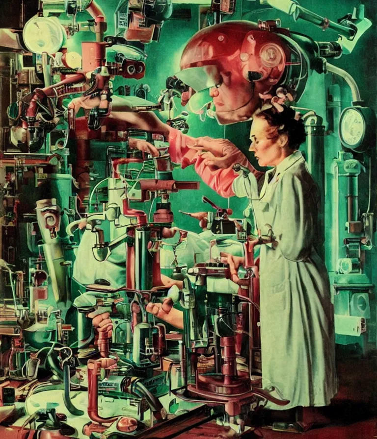 Image similar to a female mad scientist building a retro robotic!!! man!!!, in a darkly lit laboratory room, 1 9 5 0 s horror film movie poster style, ( norman rockwell oil painting ), retro science fiction, vintage, saturated pink and green lighting, shadowy lighting