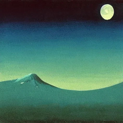 Image similar to mt elbrus at night, the moon refraction distorted edges, arkhip kuindzhi painting, teal palette