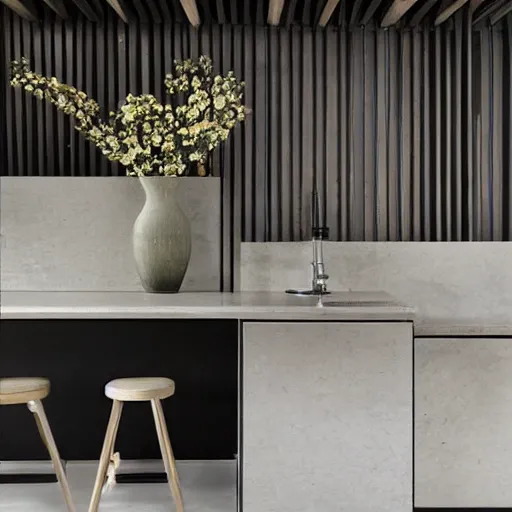 Prompt: kitchen, stone, interior design, stylish luxury hotel kitchen design, yakisugi, black vertical slatted timber, textures, feminine, black walls, art, Japanese pottery vase with flowers, kakejiku, seasonal, Japanese influences