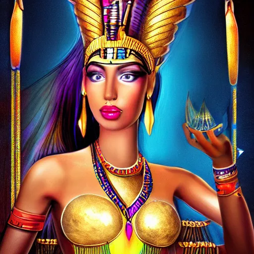 Prompt: fantasy egyptian goddess doing a magic trick, colorful, hyper realistic