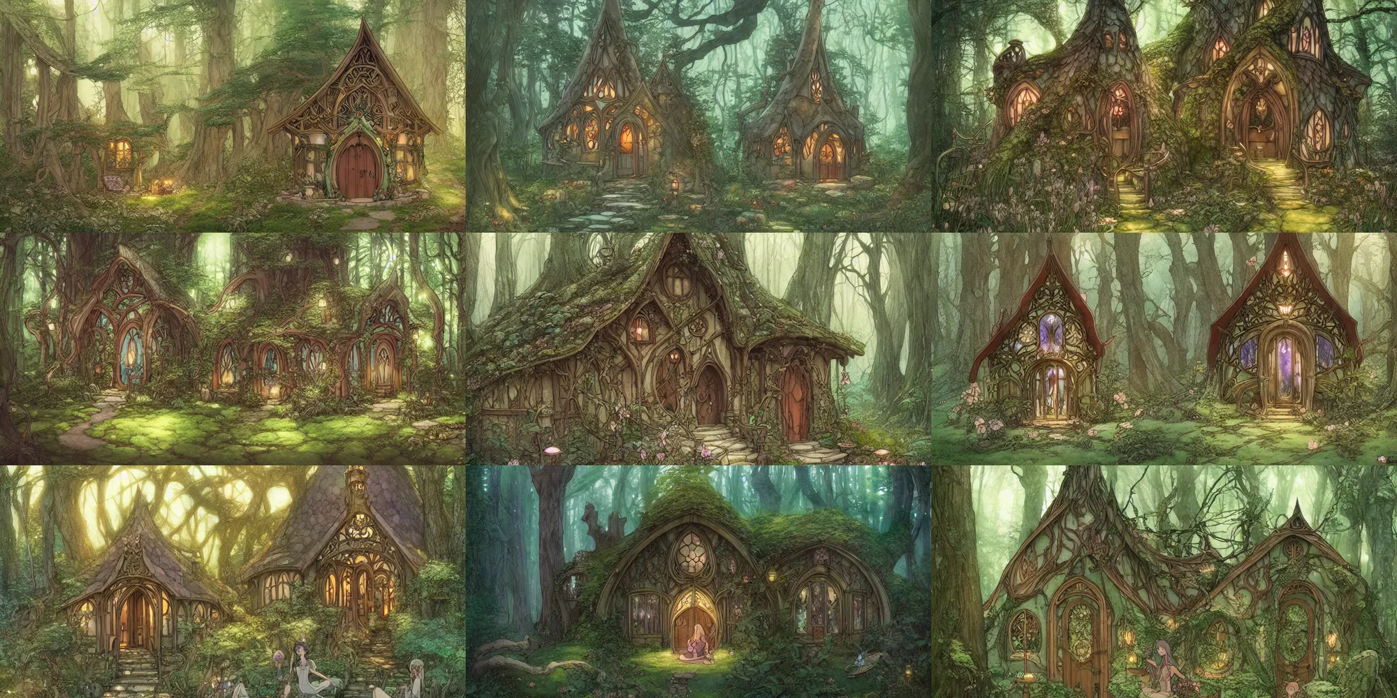 Prompt: an elvish Fairy house in the Woods, fantasy, art nouveau, architecture, daylight, warm light, spring, studio ghibli, Moebius, siya oum, ultra detailed, High definition, Sharp