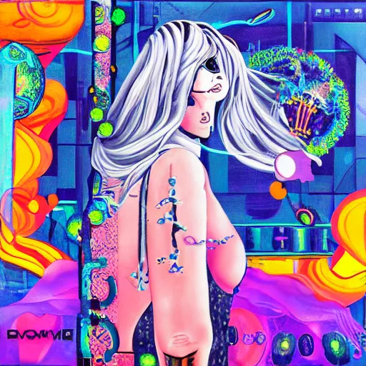 Image similar to a beautiful painting of a machine girl album cover with crazy elements, hyperpop, 9 0 s glitch core