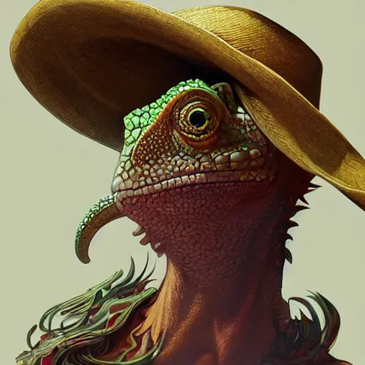 Prompt: a chameleon wearing cowboy hat, full body, D&D, fantasy, intricate, elegant, highly detailed, digital painting, artstation, concept art, matte, sharp focus, illustration, hearthstone, art by Artgerm and Greg Rutkowski and Alphonse Mucha