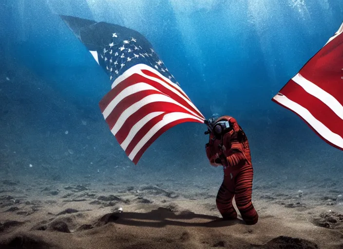 Prompt: astronaut underwater putting a flag in the sand of the bottom of the ocean. in the background, a submarine is visible. dark, concept art, cinematic, dramatic, atmospheric, 8 k, trending on artstation, zack snyder