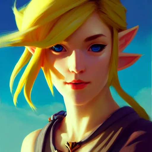 Image similar to portrait of a female Link from legend of Zelda, medium shot, asymmetrical, profile picture, Organic Painting, sunny day, Matte Painting, bold shapes, hard edges, street art, trending on artstation, by Greg Manchess and Huang Guangjian and Gil Elvgren and Sachin Teng