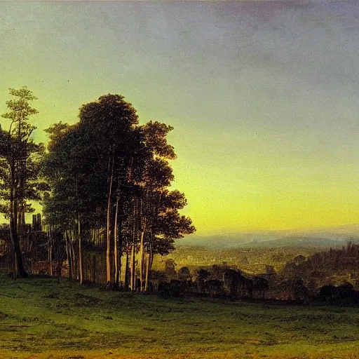 Image similar to city, distant valley, trees, night, dramatic light, oil painting, by caspar david friedrich