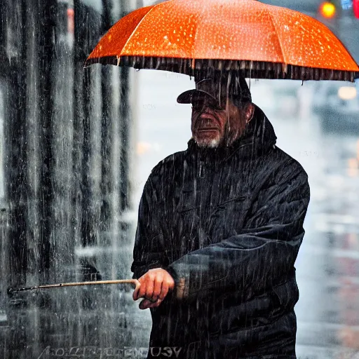 Image similar to closeup portrait of a man fishing in a rainy new york street, photography, expression