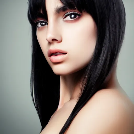 Image similar to photorealistic portrait of beautiful girl, black hair, smooth face, perfect eyes, half body shot, elegant, realistic, glowing skin, detailed, symmetric, face, angelic beauty, sharp focus, famous model, professional photography