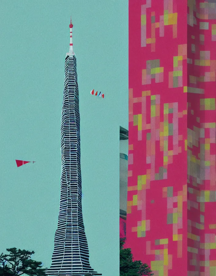 Image similar to fukuoka tower, a collage painting, in the style of wes anderson, lola dupre, david hockney, isolated on negative white space background dark monochrome fluorescent spraypaint accents volumetric octane render, no double figure