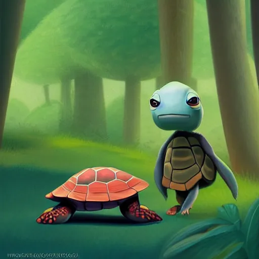 Image similar to Goro Fujita a portrait a cute turtle walking very happy with her baby through the jungle, painting by Goro Fujita, sharp focus, highly detailed, ArtStation