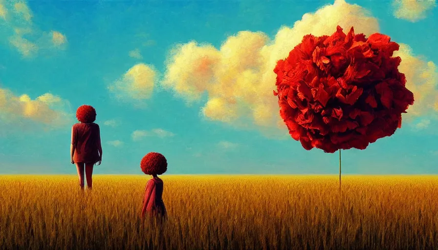 Image similar to giant red carnation afro head, full body, girl watching sunset, empty wheat field, surreal photography, forest background, dramatic light, impressionist painting, colorful clouds, digital painting, pointillism, artstation, simon stalenhag