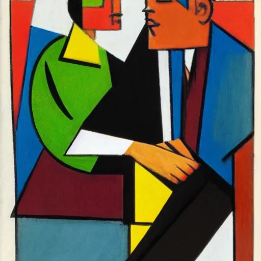 Prompt: a couple sitting on a park bench, cubism