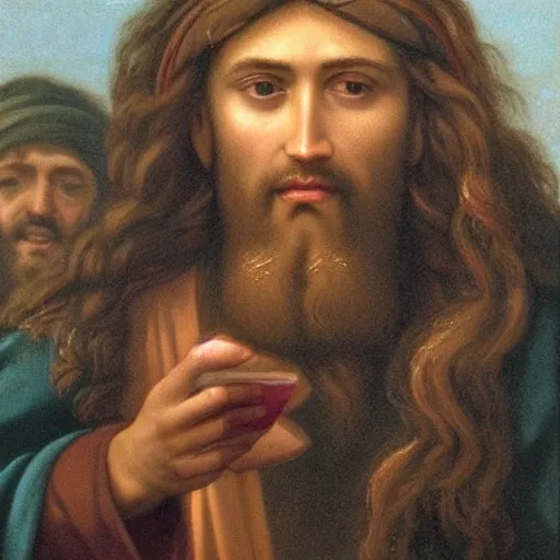 Image similar to a candid photo of jesus christ wearing a rather cheeky expression