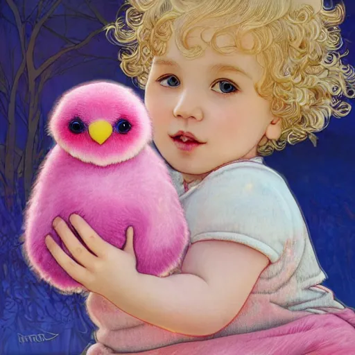 Image similar to a beautiful little blonde toddler girl with short curly hair at the park on a beautiful day in the shade, holding a round all-pink stuffed penguin, by Dan Mumford, Junji Murakami, Mucha Klimt, Hiroshi Yoshida and Craig Mullins, featured on Artstation, CGSociety, Behance HD, Deviantart
