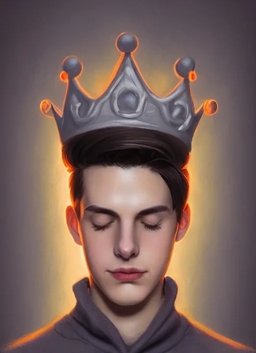 Image similar to portrait of teenage jughead jones wearing a light grey crown, crown, hamburger background, eyes closed, crown, black hair, orange, intricate, elegant, glowing lights, warm lighting, highly detailed, digital painting, artstation, concept art, smooth, sharp focus, illustration, art by wlop, mars ravelo and greg rutkowski