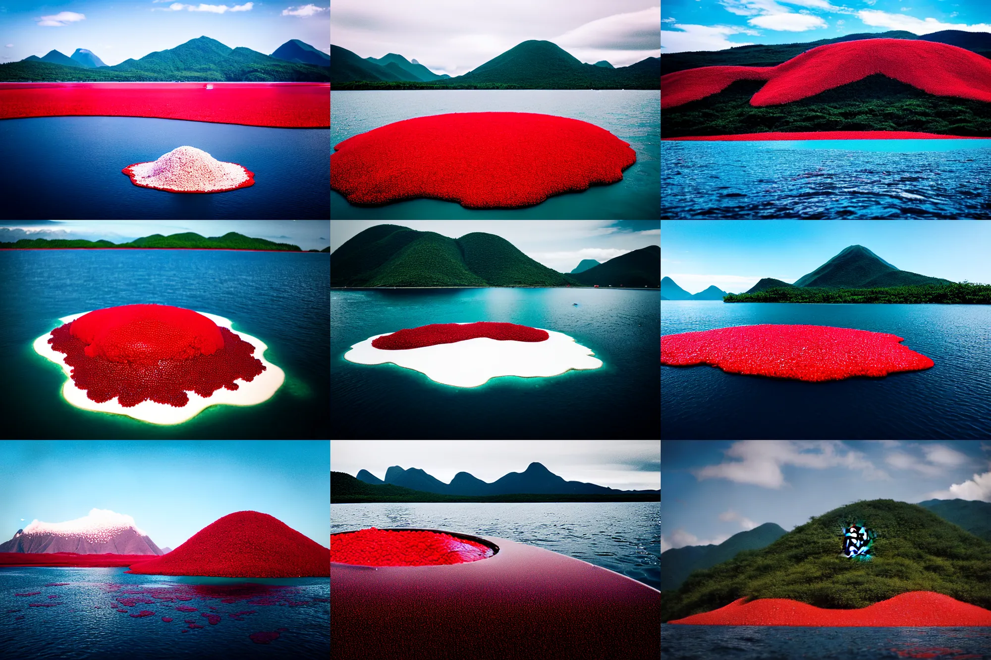 Prompt: an island made of red caviar, in the center of the island of caviar there are mountains made of white ice cream, the water around this island is made of coca - cola ( dark brown water ), the photo was taken from a boat, 3 5 mm, cinematic