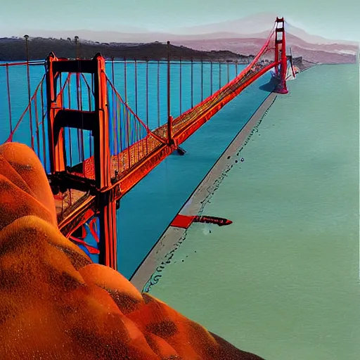 Image similar to the golden gate bridge made of fried eggs by greg rutkowski and frank lloyd wright