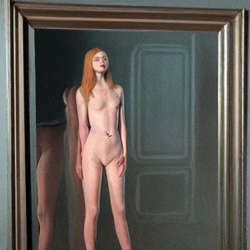 Image similar to Elle Fanning gazing in a mirror, pitch black room, extremely detailed masterpiece, oil on canvas, low-key neon lighting, artstation, Blade Runner 2049, Roger Deakin’s cinematography, by J. C. Leyendecker and Peter Paul Rubens,