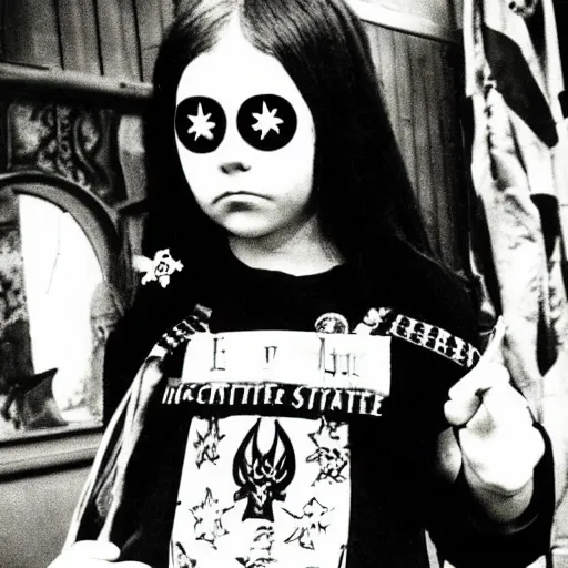 Image similar to Satanic States of America, alternate history, 1970s, girl scouts, goth girl scouts, Satanic girl scouts, black clothing, occult ritual, 1977, 16mm photograph