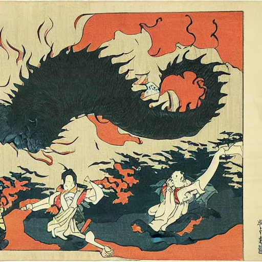 Image similar to repressed monsters and yokai of the imagination break free in a fiery revolution, by Hokusai