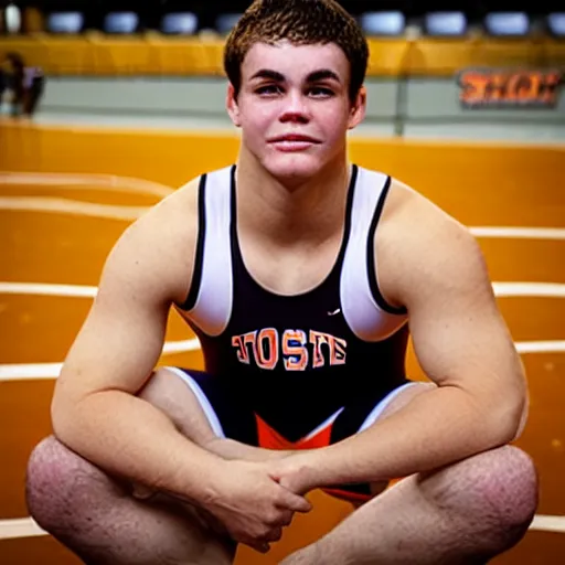 Image similar to “a realistic detailed photo of a American attractive college wrestler called Daton Fix from Oklahoma State University wearing his wrestling singlet”