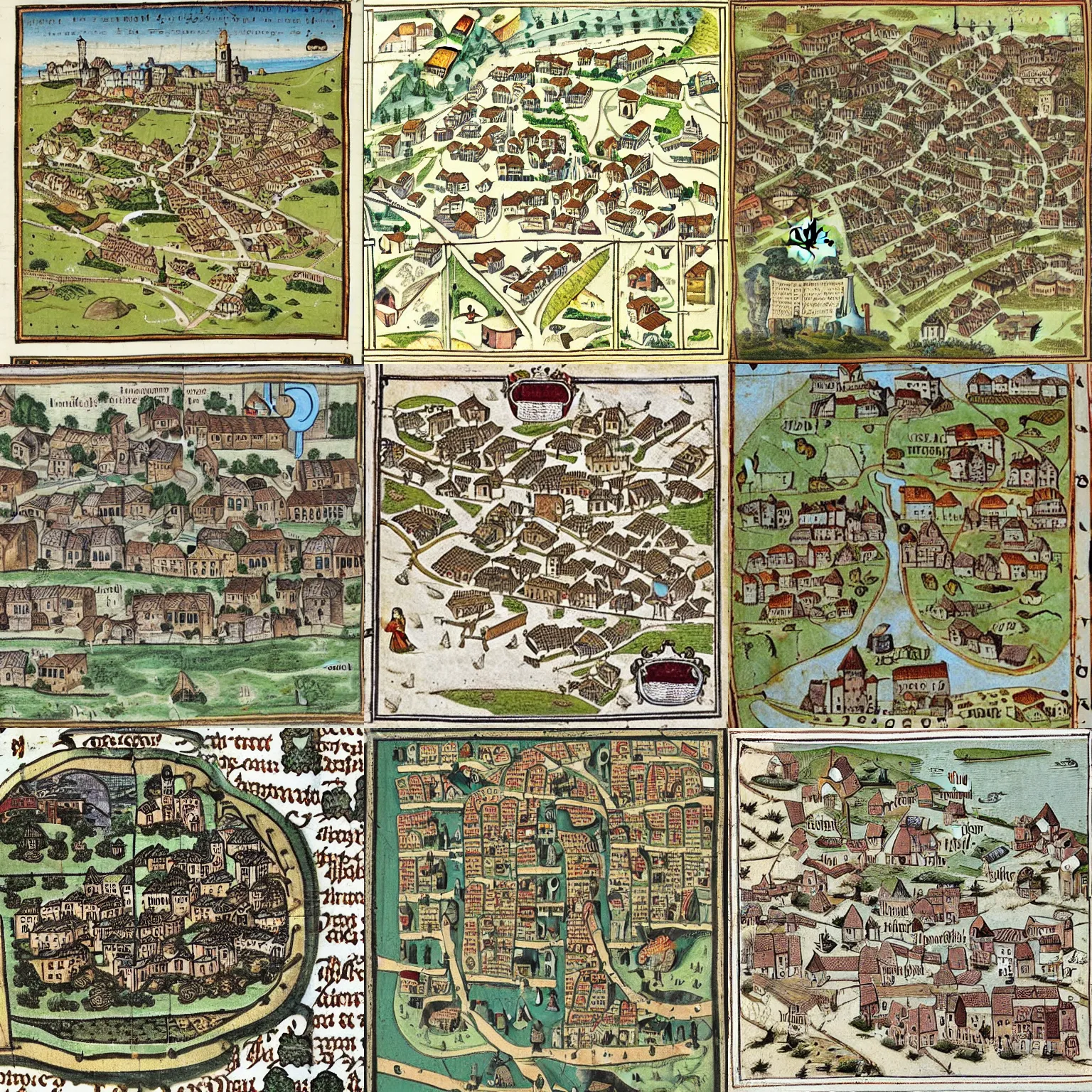 Prompt: medieval map of small town, houses and roads