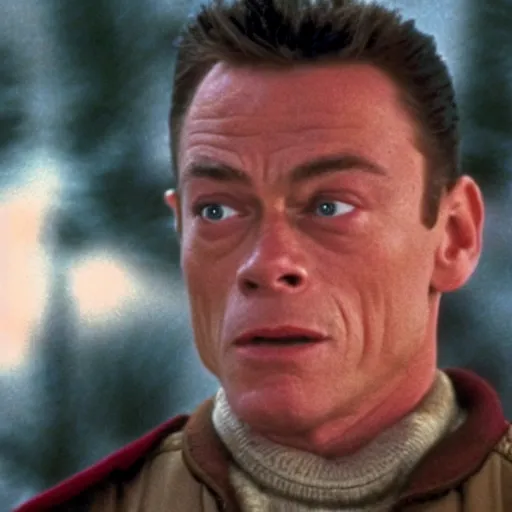 Prompt: Jean CLAUDE Van Damme starring as Kevin McAllister in Home alone, full screen shot, cinematic still