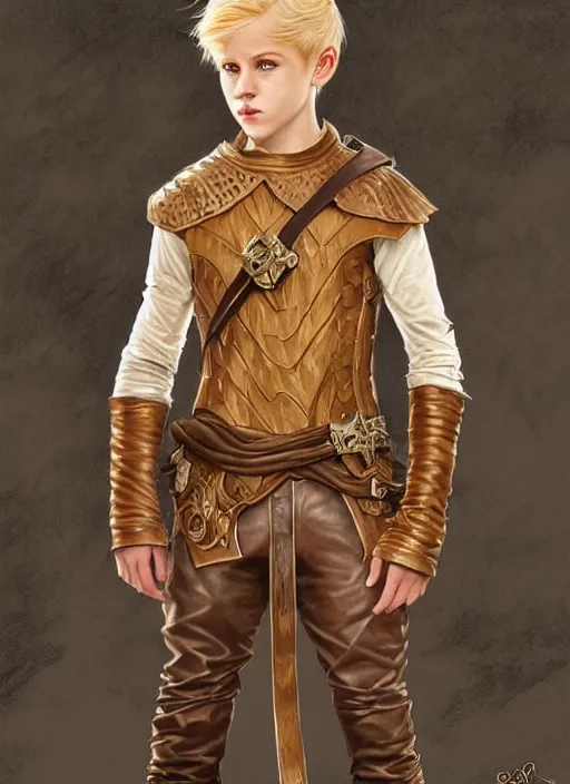 Image similar to an epic fantasy comic book style full body portrait painting of a young blonde boy who is over confident, wearing plain brown leather thief clothes, d & d, fantasy, intricate, elegant, highly detailed, digital painting, artstation, concept art, matte, sharp focus, illustration, art by artgerm and greg rutkowski and alphonse mucha