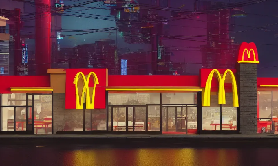 Image similar to exterior shot of a mcdonalds in a cyberpunk city, at night, neon lights, light bloom, octane render, rainy, reflections