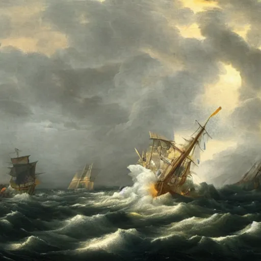 Image similar to a royal vessel in stormy seas and lightning