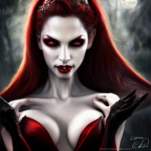 Image similar to beautiful vampire queen, highly detailed, 4 k, hdr, smooth, sharp focus, high resolution, award - winning photo, clayton crain, anne stokes, photorealistic