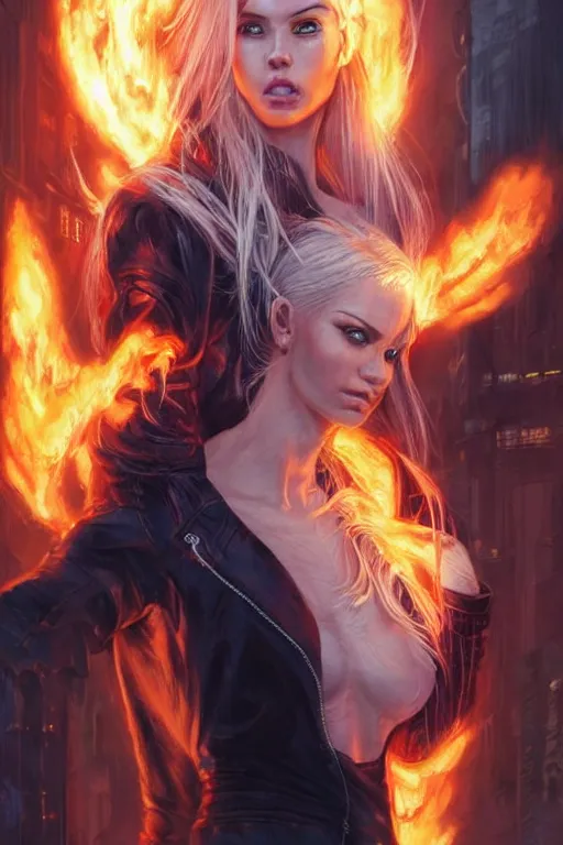 Image similar to wonderful blonde woman hair on fire with flames dancing on her hands with a long jacket in a cyberpunk city, realistic mouth, realistic, high definition, detailed and symetric face, detailed and realistic hands, expressive eyes, 4 k, shimmering color, art by artgerm ans greg rutkowski and magali villeneuve