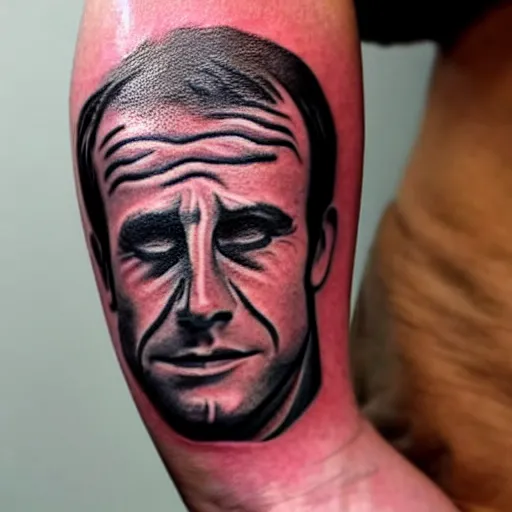 Prompt: a tattoo of macron crying like a little girl