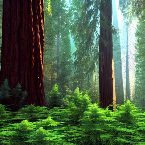 Image similar to of marijuana plants instead of coastal redwood trees in the redwoods forest in california, 4 k photorealism hd