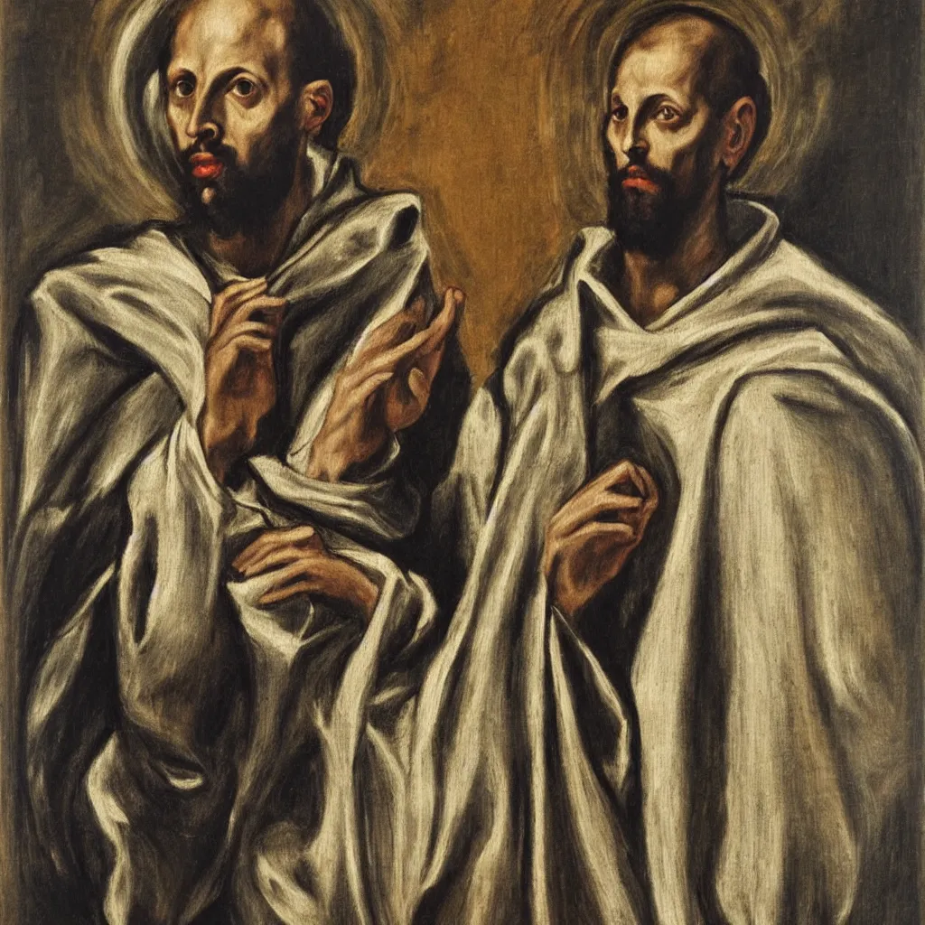 Prompt: an oil painting of Saint Francis of Asisi, half length, very detiled face, by El Greco