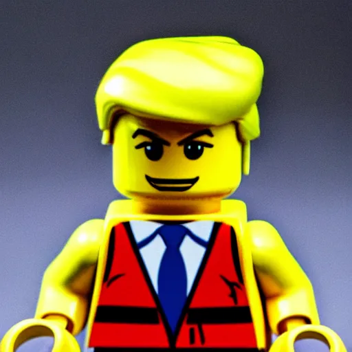 Image similar to lego figurine of donald trump, studio lighting, macro lens, high quality