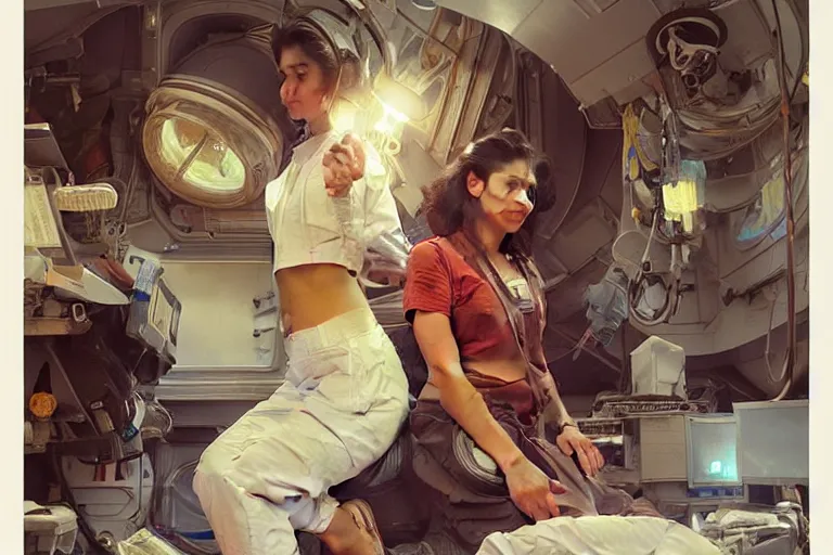 Image similar to Exhausted good looking pale young Indian doctors wearing jeans in a space station above Earth performing surgery, portrait, elegant, intricate, digital painting, artstation, concept art, smooth, sharp focus, illustration, art by artgerm and greg rutkowski and alphonse mucha