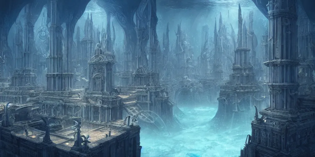 Prompt: underwater city, by role thomas style and giovanni paolo panini style epic, symmetrical, insanely detailed, style of charlie bowater, kelly mckernan, unreal engine render, artstation trends, hyper detail, epic art style, cinematic, concept art