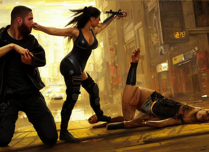 Image similar to jujitsu Maria defeats sgt Nash. Cyberpunk hacker wearing yellow fighting menacing police troopers (blade runner 2049, cyberpunk 2077). armbar. Orientalist portrait by john william waterhouse and James Gurney and Theodore Ralli and Nasreddine Dinet, oil on canvas. Cinematic, hyper realism, realistic proportions, dramatic lighting, high detail 4k